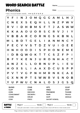 Printable Hard Phonics Word Search