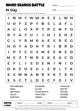 Printable Pi Day Word Search Preview