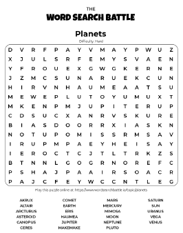 Printable Hard Planets Word Search