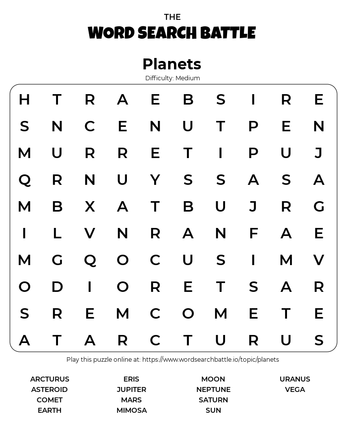 Printable Planets Word Search