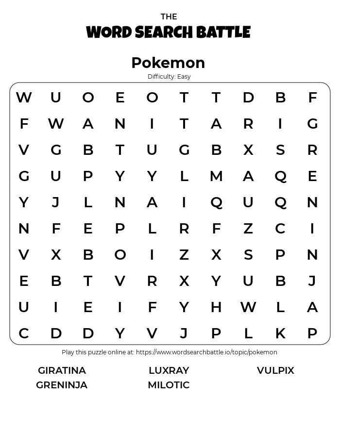 Printable Pokemon Word Search