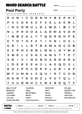 Printable Pool Party Word Search