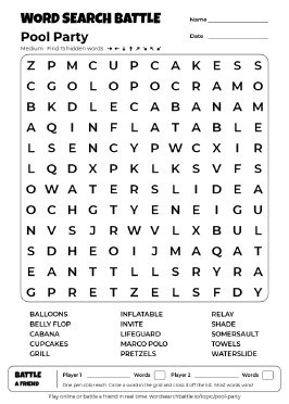 Printable Pool Party Word Search