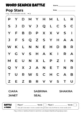Printable Pop Stars Word Search