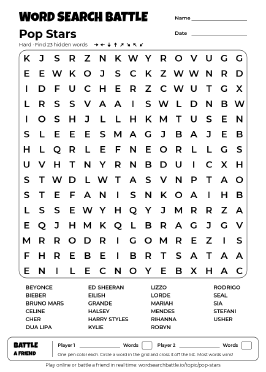 Printable Pop Stars Word Search