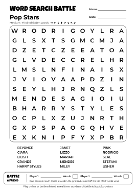Printable Pop Stars Word Search