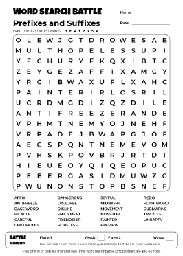 Printable Hard Prefixes and Suffixes Word Search