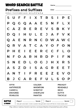 Printable Prefixes and Suffixes Word Search Preview