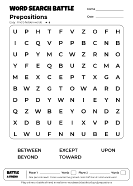 Printable Easy Prepositions Word Search