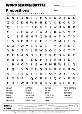 Printable Hard Prepositions Word Search