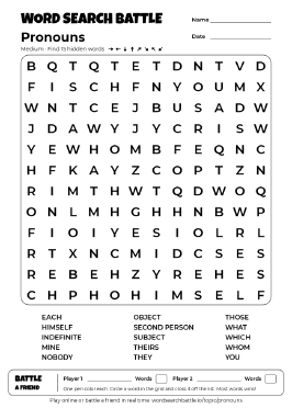 Printable Pronouns Word Search Preview