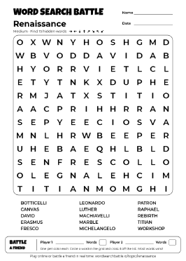 Printable Medium Renaissance Word Search