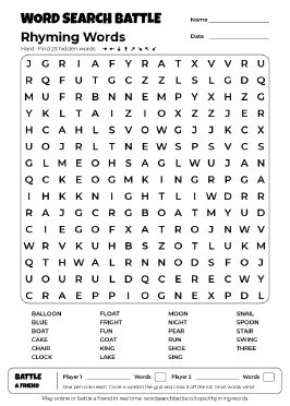 Printable Rhyming Words Word Search