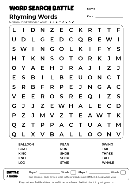 Printable Rhyming Words Word Search