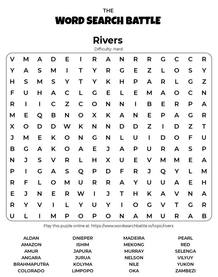 printable rivers word search