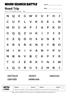 Printable Road Trip Word Search