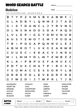 Printable Hard Roblox Word Search