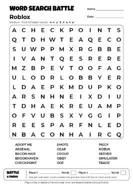 Printable Medium Roblox Word Search