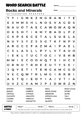 Printable Rocks and Minerals Word Search