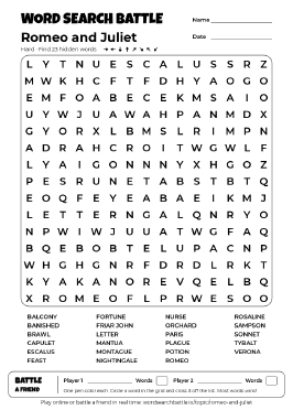 Printable Hard Romeo and Juliet Word Search