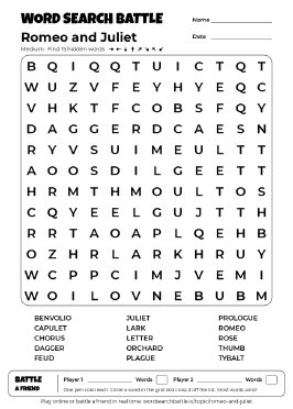 Printable Romeo and Juliet Word Search Preview