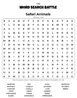 Printable Hard Safari Animals Word Search