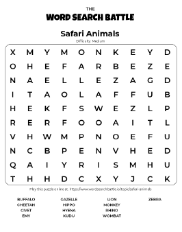 Printable Safari Animals Word Search Preview