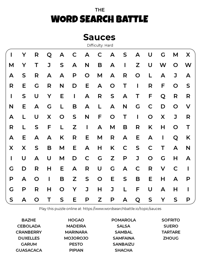 printable sauces word search