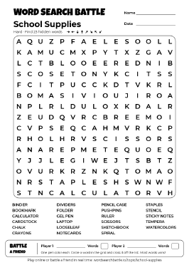 Printable School Supplies Word Search