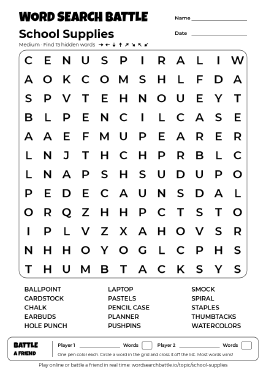 Printable School Supplies Word Search