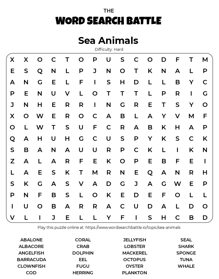 printable sea animals word search
