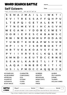 Printable Hard Self Esteem Word Search