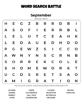 Printable September Word Search