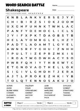 Printable Hard Shakespeare Word Search