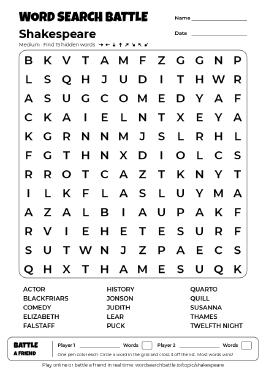Printable Medium Shakespeare Word Search