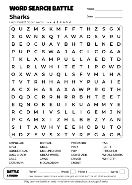 Printable Hard Sharks Word Search