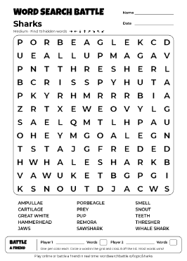 Printable Medium Sharks Word Search