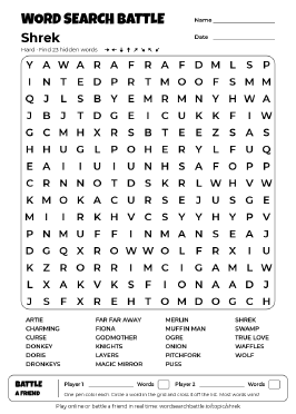 Printable Hard Shrek Word Search