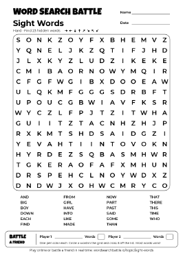 Printable Hard Sight Words Word Search