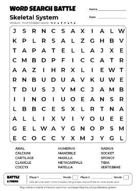 Printable Medium Skeletal System Word Search