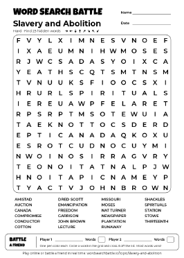 Printable Slavery and Abolition Word Search