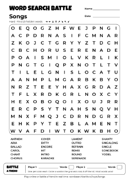 Printable Songs Word Search