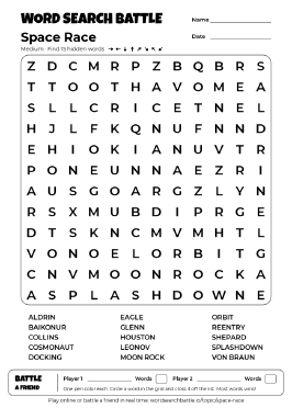 Printable Space Race Word Search Preview