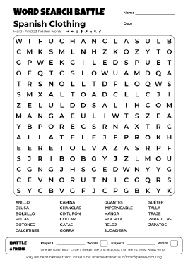 Printable Spanish Clothing Word Search