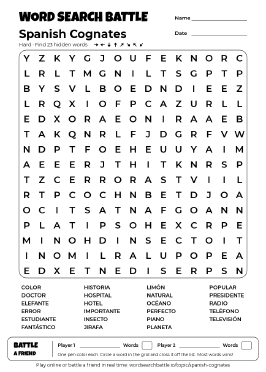 Printable Hard Spanish Cognates Word Search
