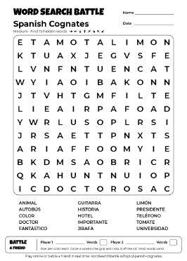 Printable Spanish Cognates Word Search Preview
