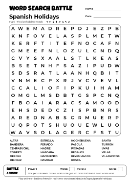 Printable Hard Spanish Holidays Word Search