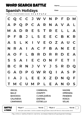 Printable Spanish Holidays Word Search Preview