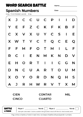 Printable Spanish Numbers Word Search
