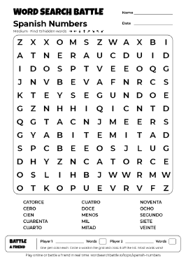Printable Spanish Numbers Word Search